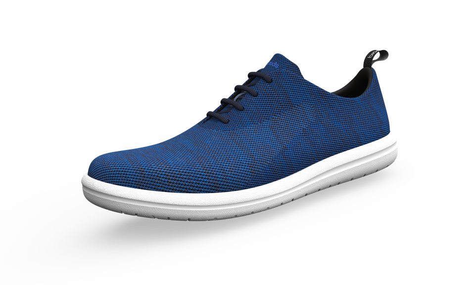 Narrow classic sneakers by Biopods in sapphire blue, front profile showing sleek design and lace-up closure.