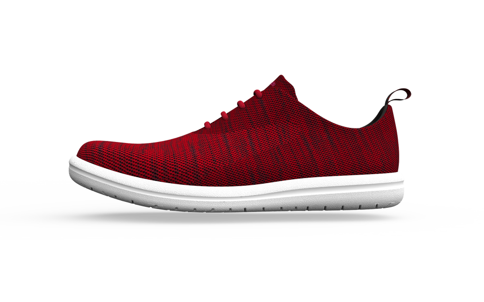 Red Biopods wide classic sneakers shown from the side, featuring a sleek design and comfortable fit for casual wear.