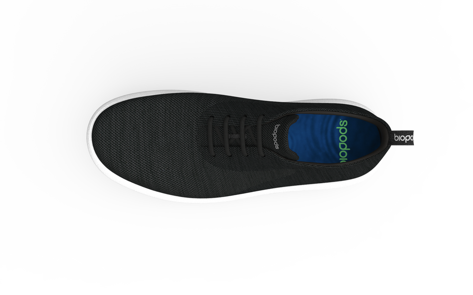 Black Biopods Classic Sneakers with white soles and laces, featuring a sleek, timeless design for everyday casual wear.