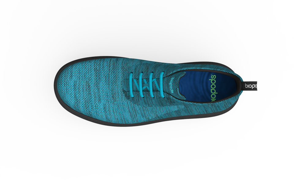 Narrow Biopods Classic Sneakers in ocean blue with white soles, featuring a sleek low-top design and laced closure.