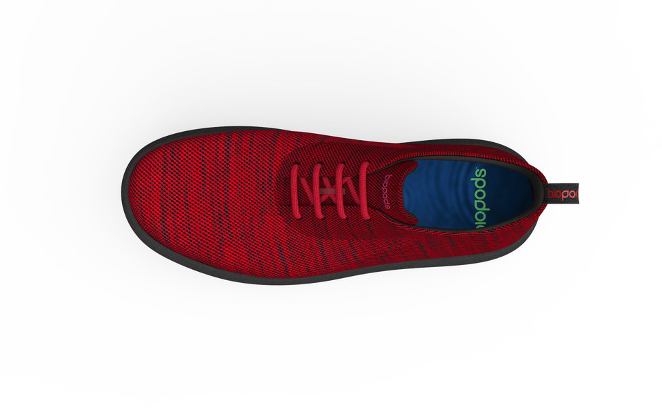 Red Biopods Classic Sneakers with white soles and laces, showcasing a sleek, timeless design perfect for casual wear.
