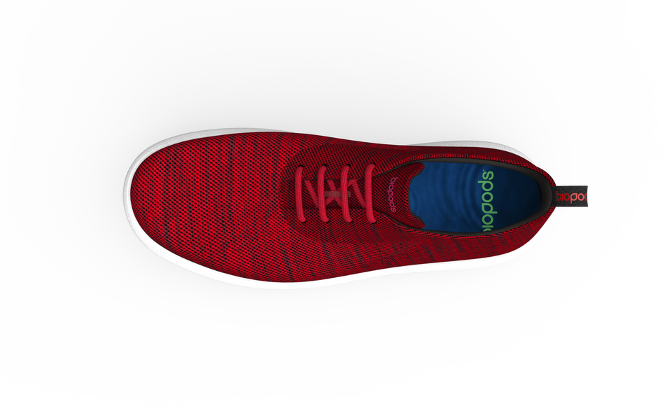 Red wide classic sneakers by Biopods featuring a comfortable design and stylish silhouette.