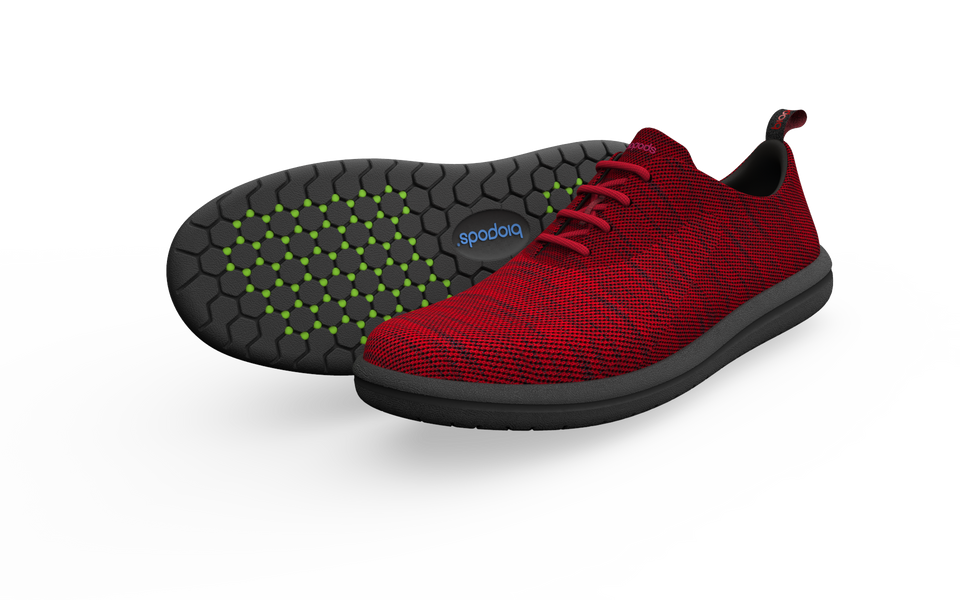 Red Biopods Classic Sneakers, profile view showing stylish design and comfortable fit of the standard sneaker pair.