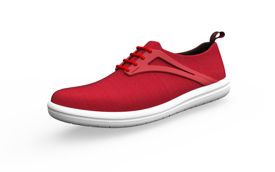 Red Biopods Urban Flex Sneakers narrow fit, front profile view showing sleek design and breathable material for casual urban wear.