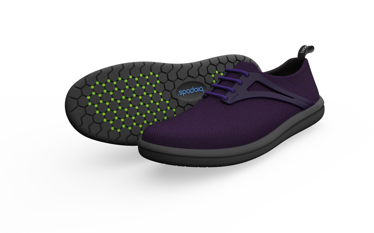 Biopods Amethyst on Black Sneakers - pair, side and bottom view