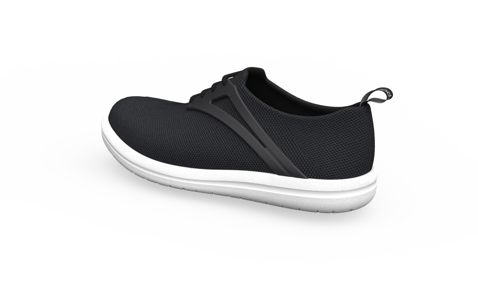 Rear profile view of black Biopods Urban Flex Sneakers showing the heel and sneaker design.