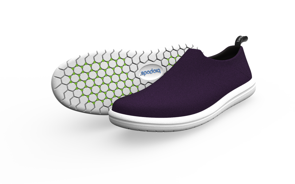 Biopods narrow urban sneakers in amethyst with a sleek design, displayed with a drop shadow effect.