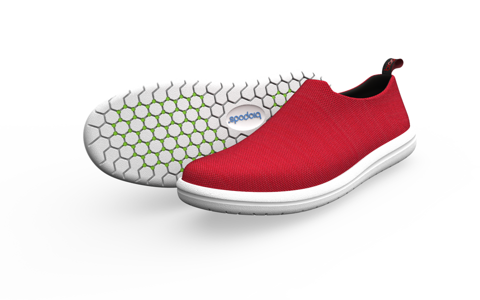 Red Biopods Urban Sneakers Standard with white laces and rubber sole, shown from a side view with a subtle shadow.