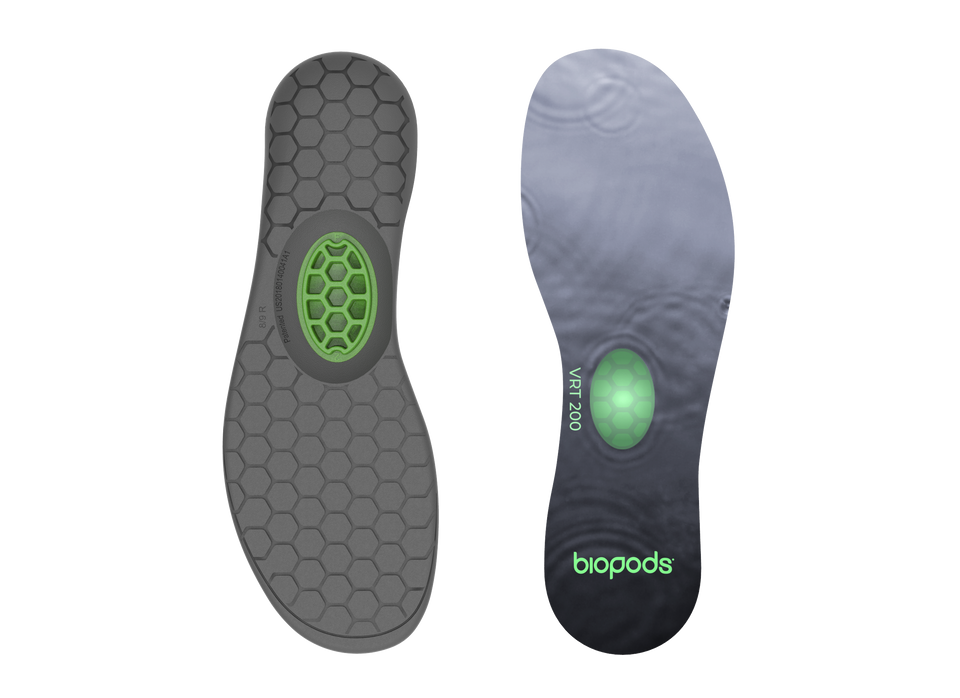 Biopods Next Generation Full Length Stimsoles® insoles with supportive arch design, shown in a side view.