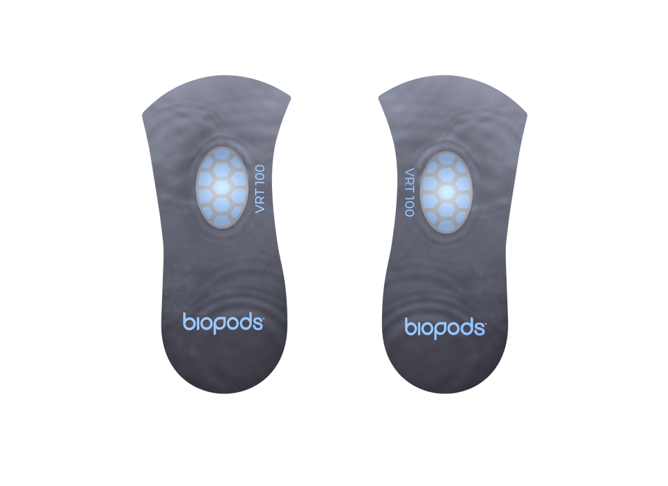 Biopods Next Generation 3/4-length Stimsoles® insoles with supportive top sheet, designed for comfort and durability.