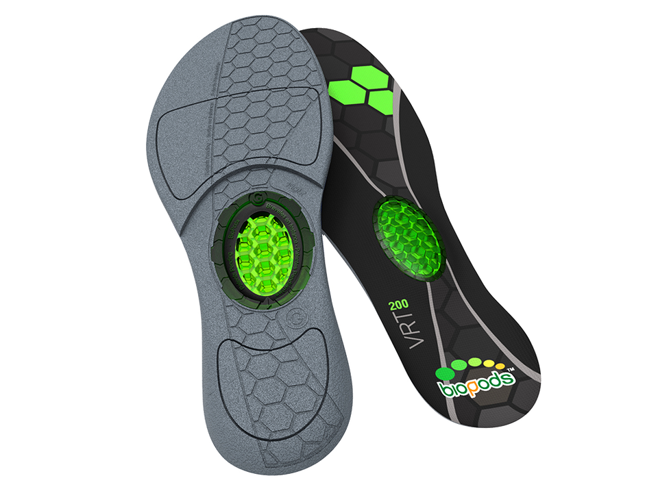 Pair of Biopods Original All Purpose Stimsoles® insoles for comfort and support, shown in a transparent packaging with insoles visible.