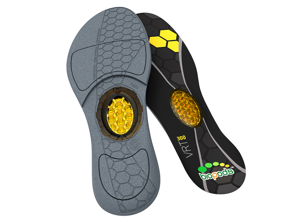 Pair of Biopods Original All Purpose Stimsoles® insoles for comfort and support, shown in a retail display image.