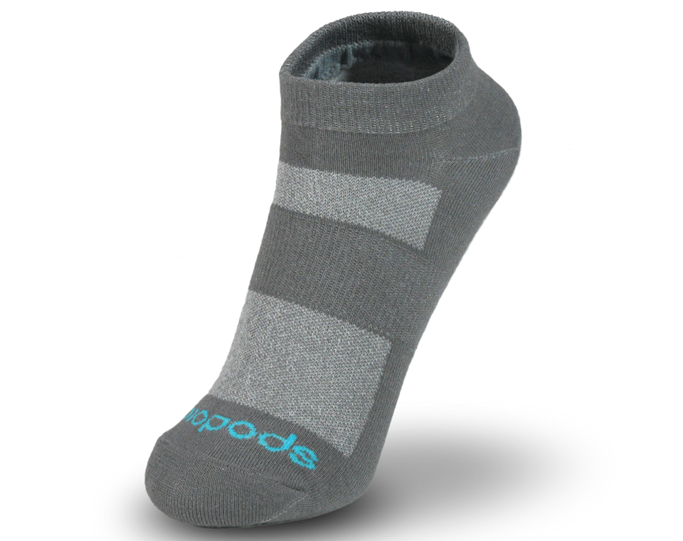 Grey Biopods® bamboo ankle socks displayed flat, showcasing their soft, breathable fabric and comfortable fit for everyday wear.