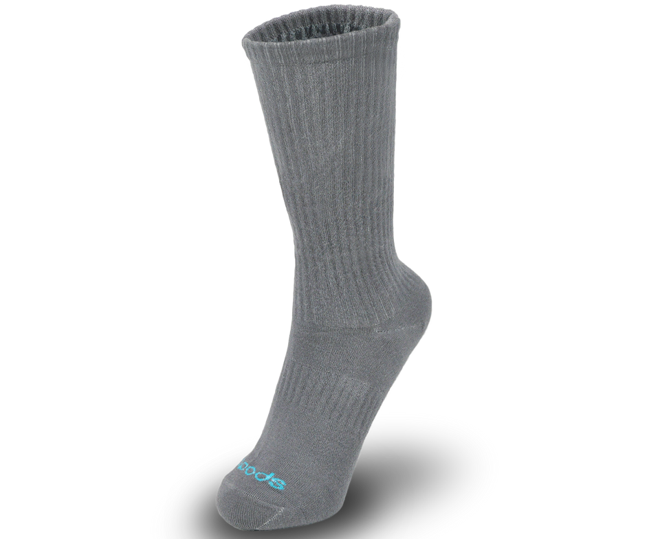 Grey Biopods bamboo athletic socks with breathable fabric and cushioned soles, designed for comfort and performance.