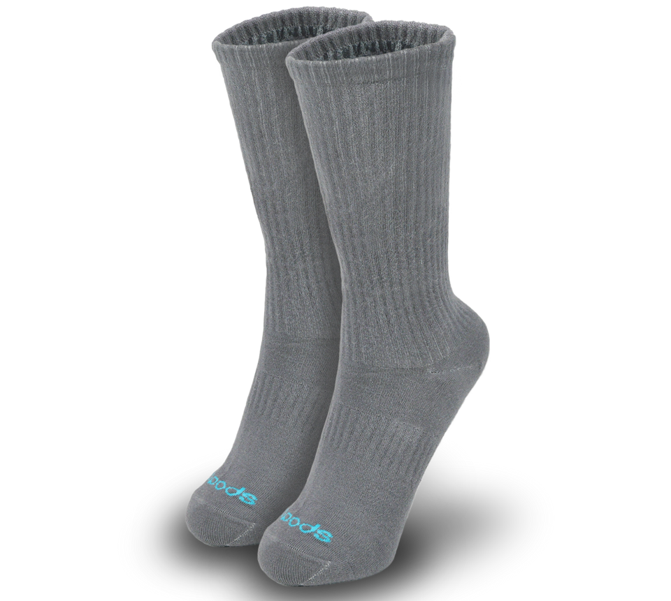 Grey medium Biopods bamboo athletic socks with breathable fabric and cushioned soles, designed for comfort and performance.