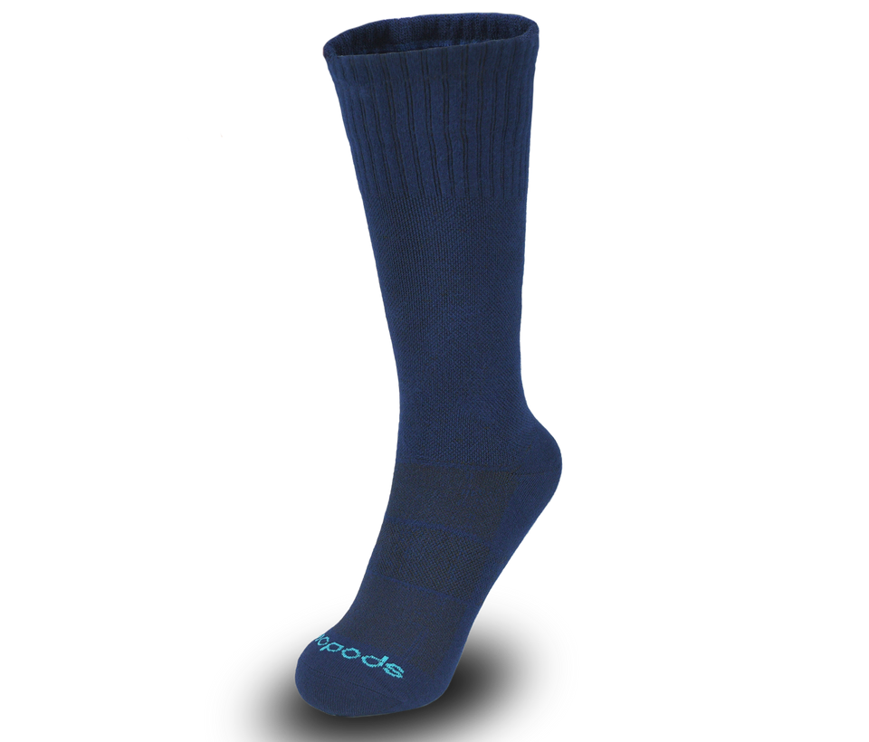 Navy bamboo dress socks by Biopods featuring a smooth knit texture and classic design, suitable for formal or casual wear.