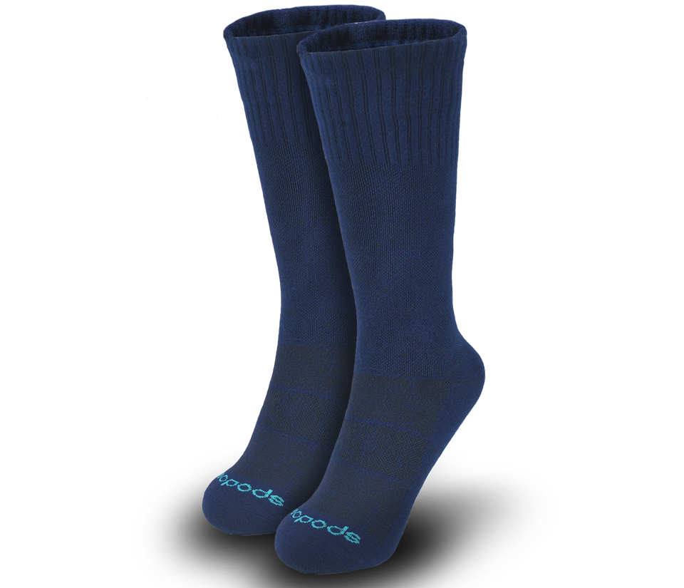 Navy Biopods bamboo dress socks displayed flat, showcasing their smooth fabric and classic ribbed design.