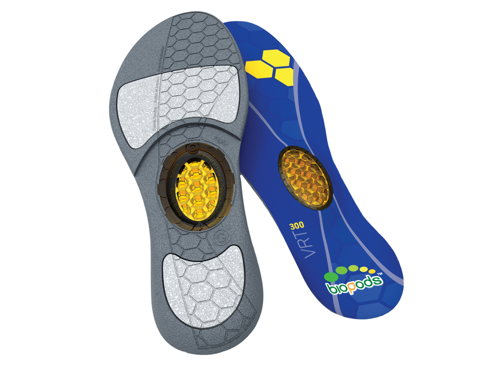 Biopods Original Performance Stimsoles® insoles with supportive design, shown in a close-up image highlighting the insole's structure.