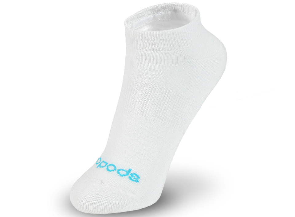 White Biopods® bamboo ankle socks displayed on a foot, showcasing soft, breathable fabric and comfortable fit for everyday wear.