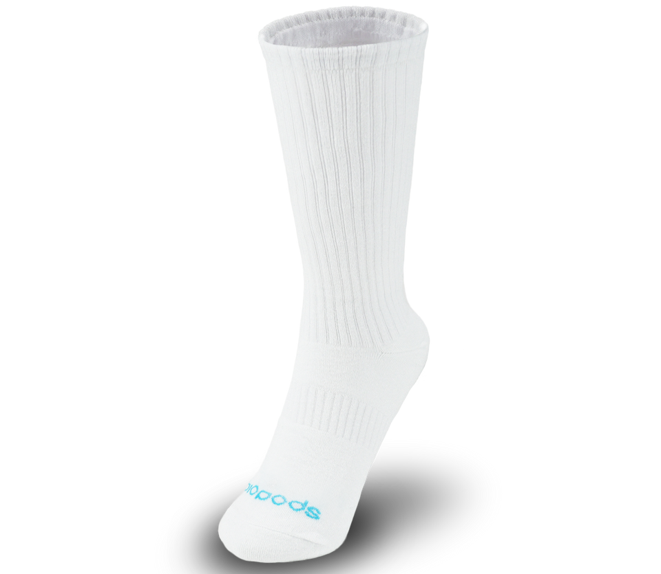 White Biopods bamboo athletic socks, medium size, showing soft fabric and comfortable fit for active wear.