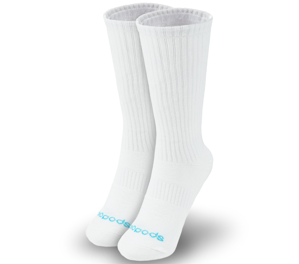 White Biopods bamboo athletic socks displayed flat, showcasing their soft bamboo fabric and comfortable fit for active wear.