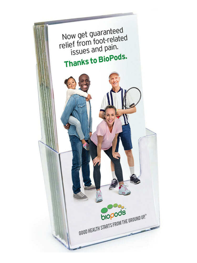 Biopods brochure holder displaying organized brochures on a tabletop for easy access and professional presentation.